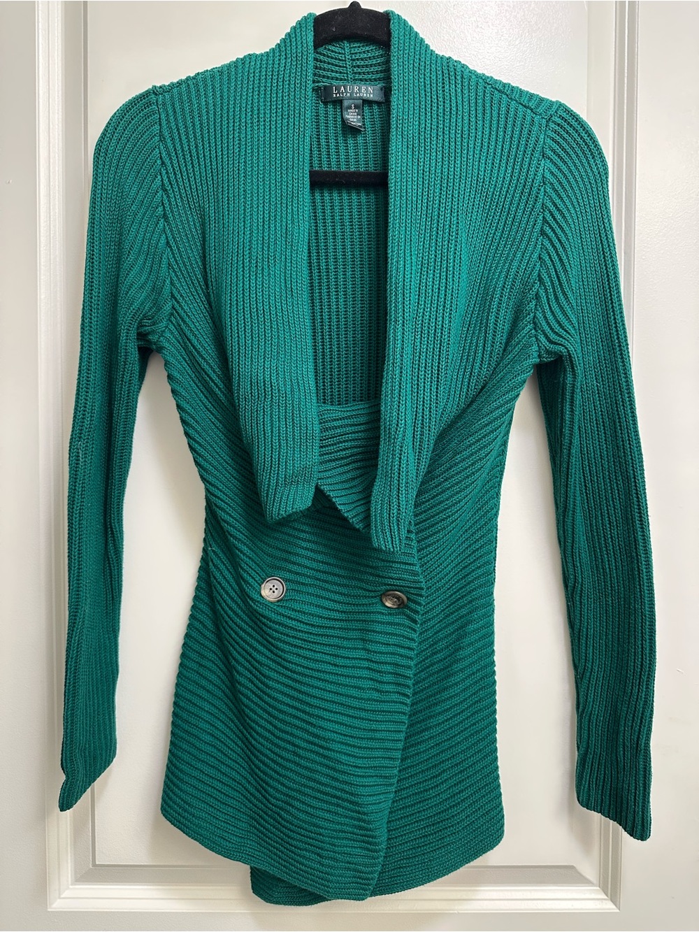 Ralph Lauren 100% Cotton Green Ribbed Shawl-Collar Cardigan - Picture 3 of 6